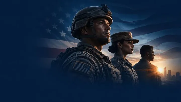 Service members before an American flag, from AllegiantVETS